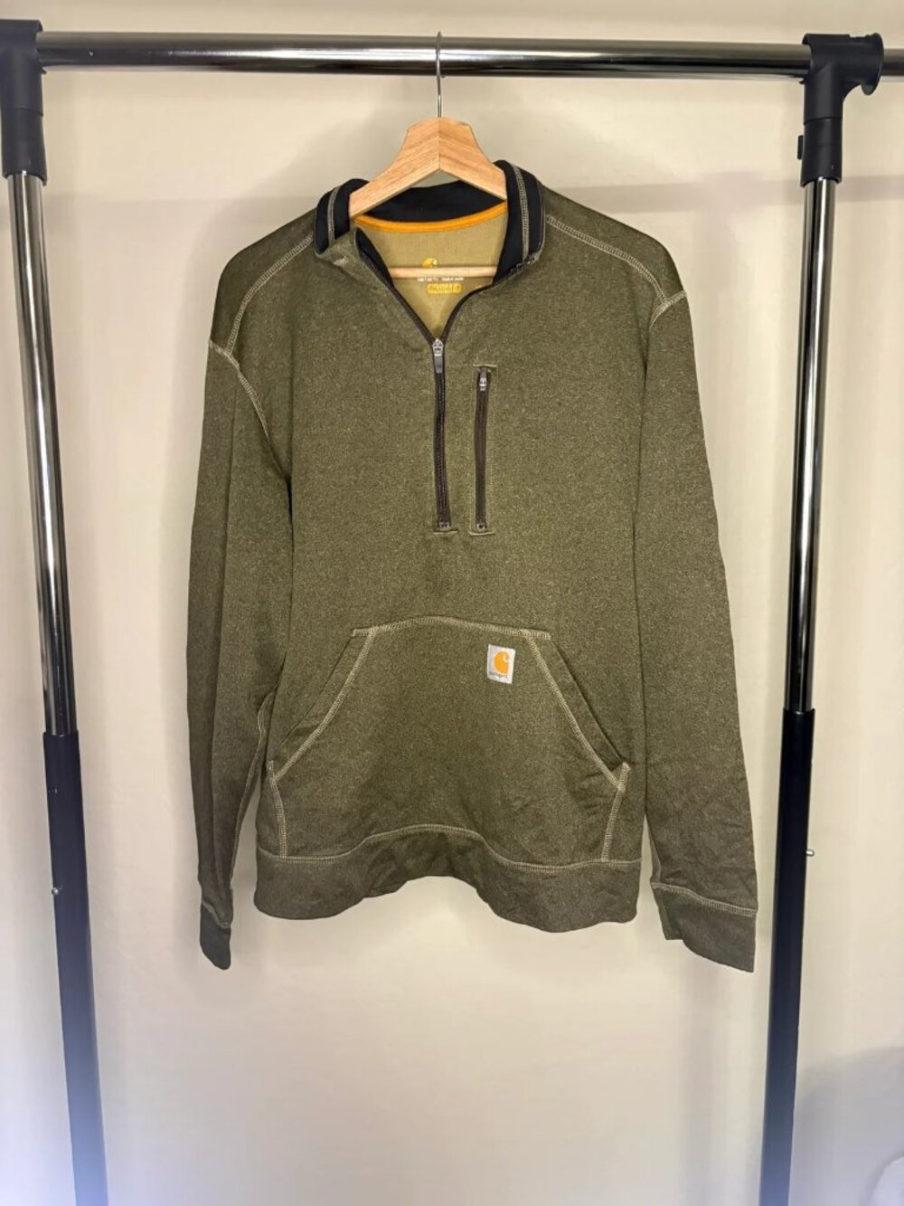 Carhartt Force Quarter Zip Pullover Sweatshirt Mens L Olive Green Mock Neck Pock